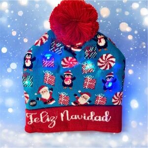 New LED Lighted Christmas Beanie Hat With Pom Pom And 3 Flashing Modes - Unisex
